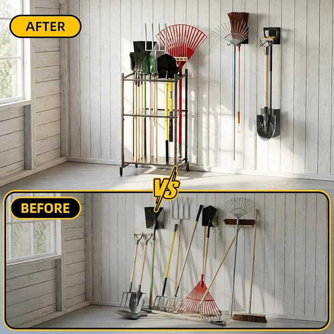 Garden Tool Organizer with 2 Pack Wall Mounted Racks, Holds 35+ Long-Handled Tools, Heavy Duty Metal Yard Tool Storage Stand for Garage, Shed & Outdoor Organization, Black