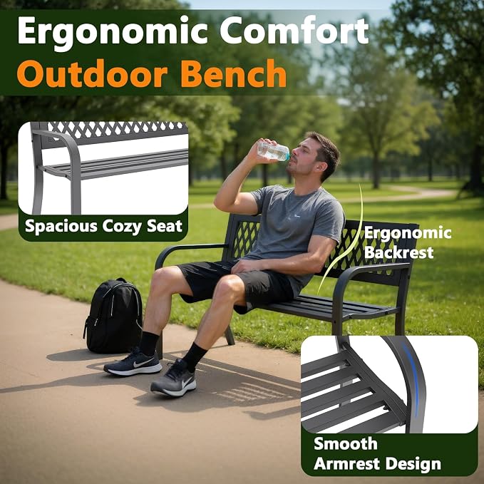 Outdoor Bench, Garden Patio Park Entryway Metal Bench with Comfortable Backrest, Sturdy Heavy Duty Loveseat Front Porch Backyard Lawn Furniture for Outside