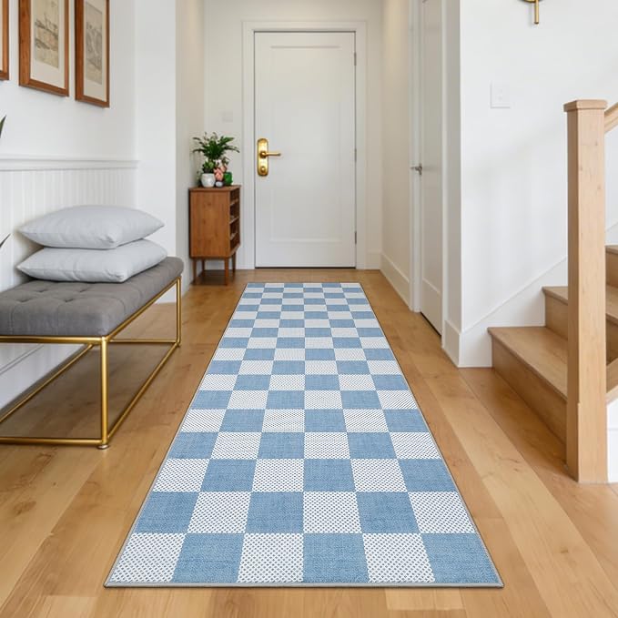 GarveeHome Checkered Blue 2x6 Washable Kitchen Runner Rug Low-Pile Entryway | Light Blue Small Area Rug for Hallway Bedroom Bathroom Non-Slip Stain Resistant Geometric Rugs TPE Backing
