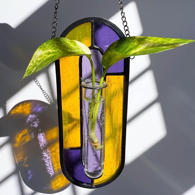 LITMIND Multi-Color Stained Glass Propagation Station - Handcrafted Translucent Suncatcher Planter with 2 Tubes, Hanging Hydroponic Decor for Windows & Garden, Indoor Outdoor Use, 7x2.5 Inches