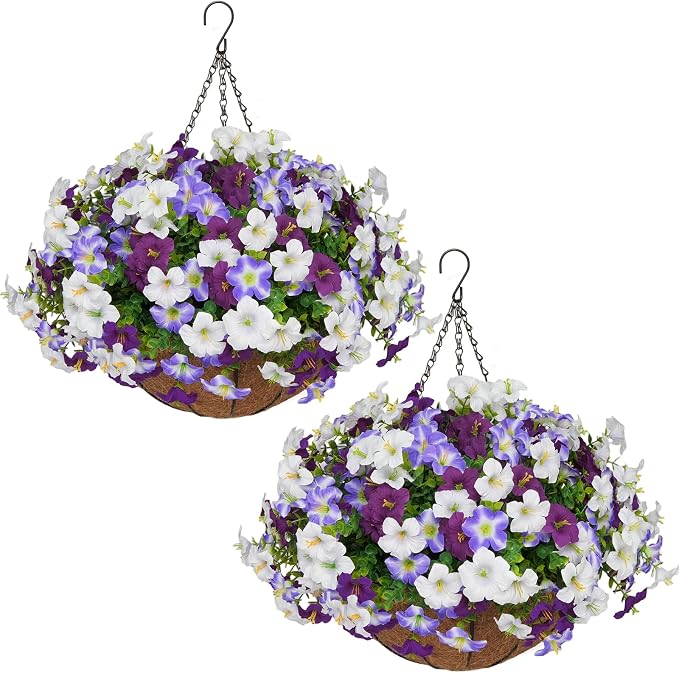 2 Set Artificial Hanging Flowers with Basket for Outdoor Decor, 24 Pcs Silk Petunias Fake Plants for Porch Garden Patio Balcony Yard Home Decoration