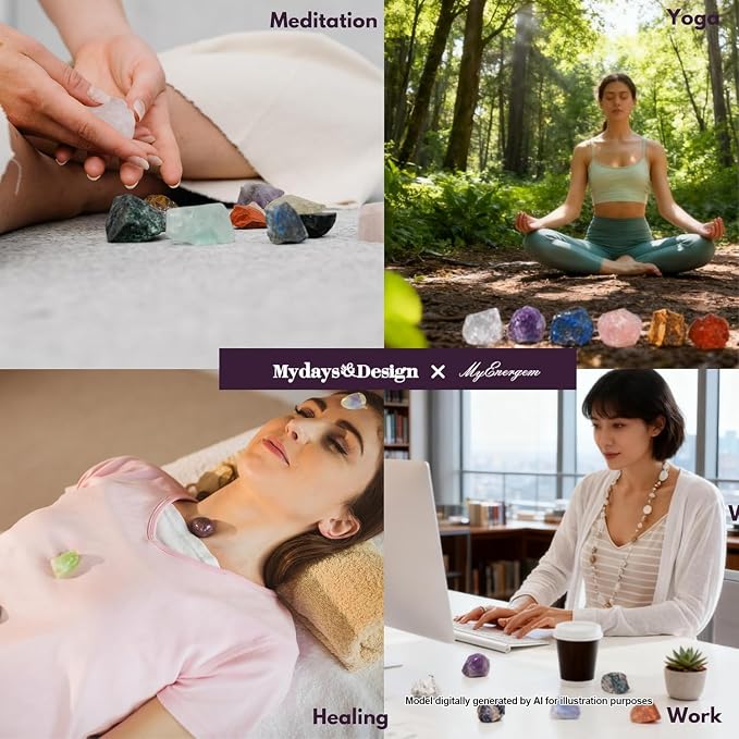 MYDAYS&DESIGN 18Pcs Crystals and Healing Stones Set in Rattan Box, 17 Premium Raw Chakra Stones, 1 Amethyst Tree, Guide for Beginners, Meditation Yoga Home Decor, Healing Crystal Gifts for Women
