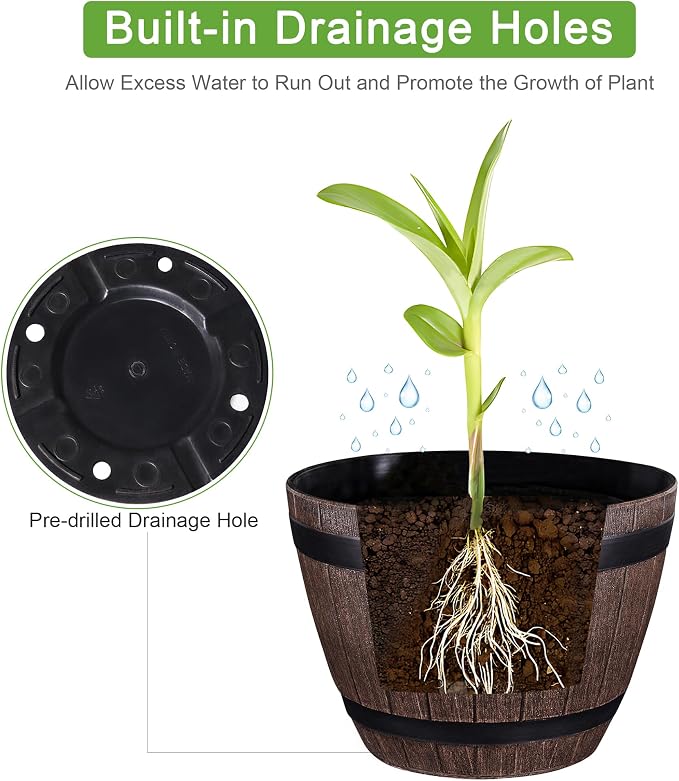 VECELO Plant Pots with Drainage Holes & Saucer, 9/11.3/13 Inch Flower Pots with Tray, 3 Pack Plastic Whiskey Barrel Planters for Indoor & Outdoor Garden Home Plants and Flowers