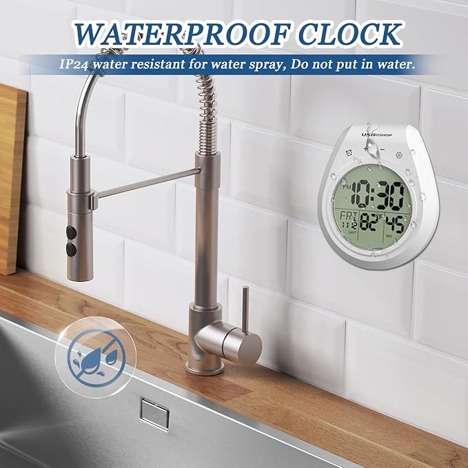 Shower Clock Waterproof Bathroom Timer, Digital Wall Clock Kitchen Clock with Countdown, Touch Screen, Temperature, Calendar, Suction Cup Hanging Hole, for Spa Cook Bath