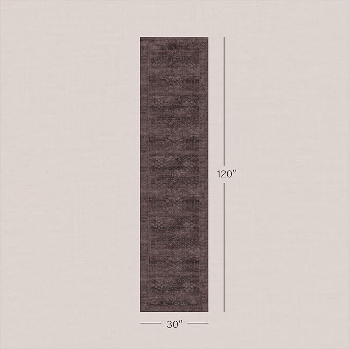 Machine Washable 2'6"x10' Runner Rug for Hallway, Kitchen & Entryway, Dark Taupe Brown Low Pile Long Runner Carpet, Eclectic Vintage Distressed Geometric Design, Anti-Slip Backing, Stain Resistant