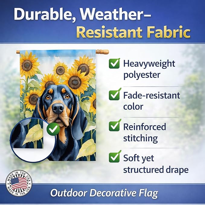 Caroline's Treasures DAC6028CHF Black and Tan Coonhound in Sunflowers House Flag Large Porch Sleeve Pole Decorative Outside Yard Banner Artwork Wall Hanging, Polyester, House Size, Multicolor