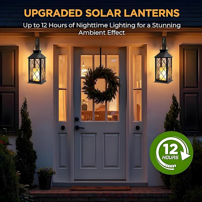 Yowin Solar Lanterns Outdoor Waterproof 2 Pack 14" Large Tempered Glass Hanging Solar Lantern with Flameless Candle, Garden Gifts, Wall Lamp for Backyard Porch Patio Lawn Vintage Decorations - Black