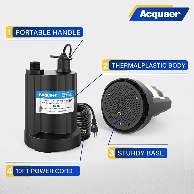 Acquaer Submersible Water Pump 1/6 HP Sump Pump Thermoplastic Utility Pump Small Electric Water Pump 1750GPH Water Remove for Basement Hot Tubs Garden Pool Cover Draining with 10 ft Cord | Thermoplastic Utility Pump Electric Water Pump Water Remove for...