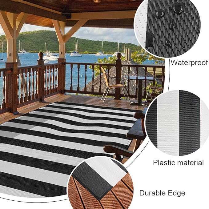 Plastic Straw Rug, 9'x12' Outdoor Waterproof Patio Rugs Foldable Reversible Camping Mat for RV, Deck, Porch, Picnic, Beach, Balcony, Black & White