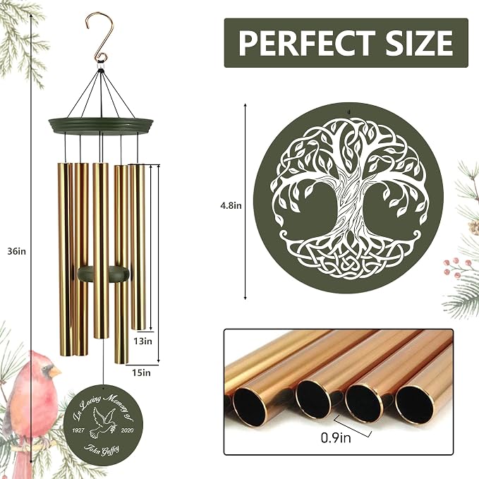 ASTARIN Memorial Tree of Life 36" Wind Chimes, Personalized Name Sympathy Wind Chime, in Memory of Loss Mom Loved One, Large Deep Tone Bereavement Windchimes for Outside Clearance(Produced in Texas)