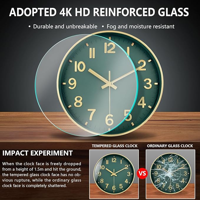 Wall Clock, 8 Inch Wall Clocks Battery Operated, Modern Non Ticking Silent Digital Analog Small Wall Clock for Bedroom Living Room Kitchen Office Gym Classroom Outdoor Clocks, Gold Green