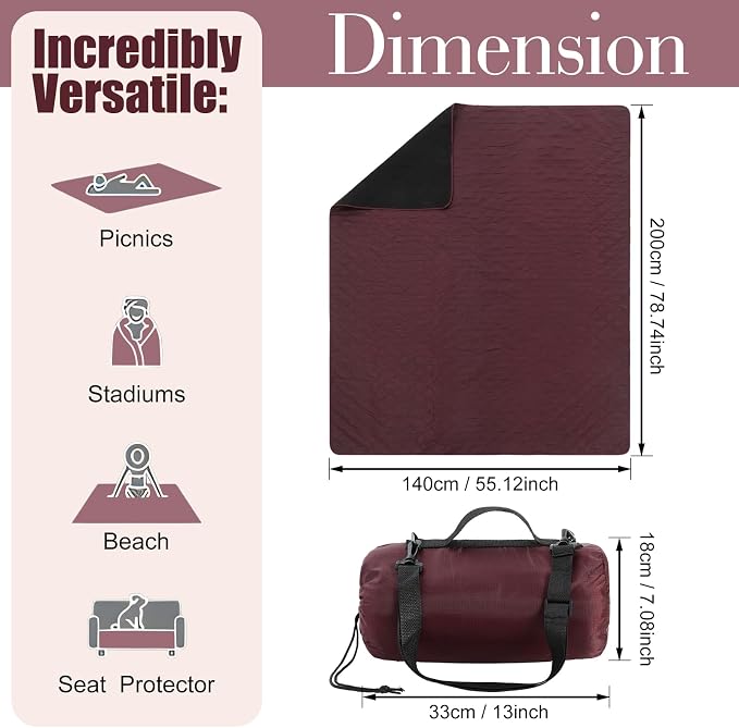 Tranqun 2 Pcs Large Waterproof Outdoor Blanket 78 x 55'' Windproof Blanket Quilted Waterproof Fleece Sandproof Foldable Warm Stadium Blankets for Camping Picnic Sporting Event Cold Weather(Dark Red)