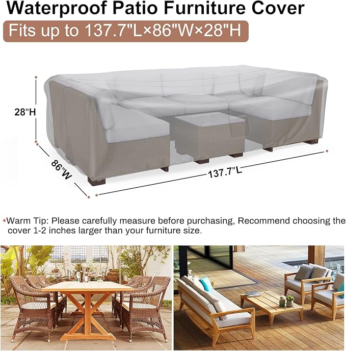 Mrrihand Heavy Duty Patio Furniture Covers, Outdoor Furniture Covers Waterproof Sectional Sofa Set, Patio Table and Chair Set Cover 137.7" L× 86" W× 28" H