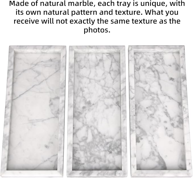 Marble Bathroom Vanity Tray, Natural Luxury Vanity Home Kitchen Bathroom Table Tray, Stone Decorative Countertop Dresser Trays for Key Coffee Perfume Jewelry Makeup (Carrara White, 12"x 5" x1.2")