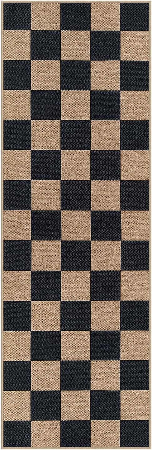 Lahome Colette Checkered Easy Jute Runner Rug, 2x6 Kitchen Runner Rug Non Slip Washable Outdoor Carpet for Entryway Indoor, Checkerboard Black Indoor Outdoor Carpet Runners for Hallway 6ft Entry