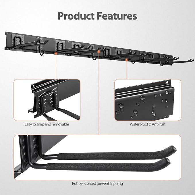 Garage Organizer - 64 Inch Wall Mount Tool Storage, 20PCs Heavy Duty Garden Tool Organizer with Adjustable Hooks, Max 900 lbs