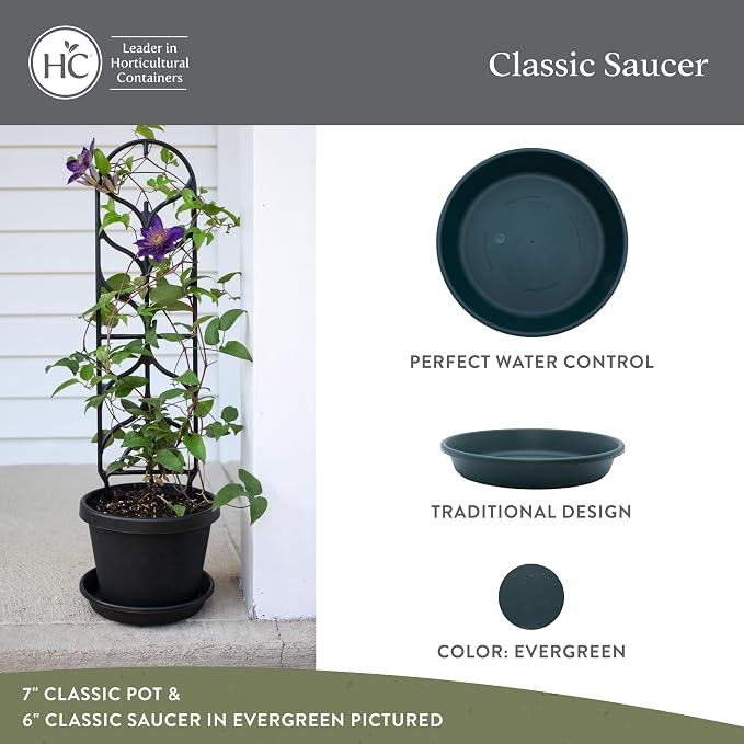 The HC Companies Flower Pot Saucers - Plastic Plant Saucer for Outdoors & Indoors - Traditional Design Plant Pot Trays for Water Drainage - Durable & Stylish Round Plant Tray (6-inch Evergreen)