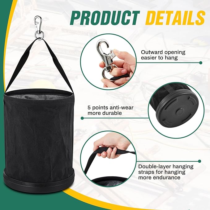 1 Pack Canvas Bucket 15" x 12" Heavy Duty Lineman Tool Bag with Plastic Bottom & Metal Hook Electrician Tool Organizer for Jobsite Use, Load Rated up to 150 Pounds (Black)