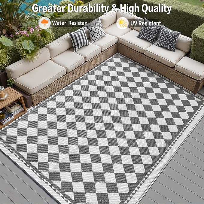 HUGEAR Outdoor Waterproof Rug 6'x9' Plastic Straw Rugs Washable Reversible Floor Mat Grey Plaid Carpet for Camping RV Deck Entryance Porch Picnic Balcony Beach Backyard