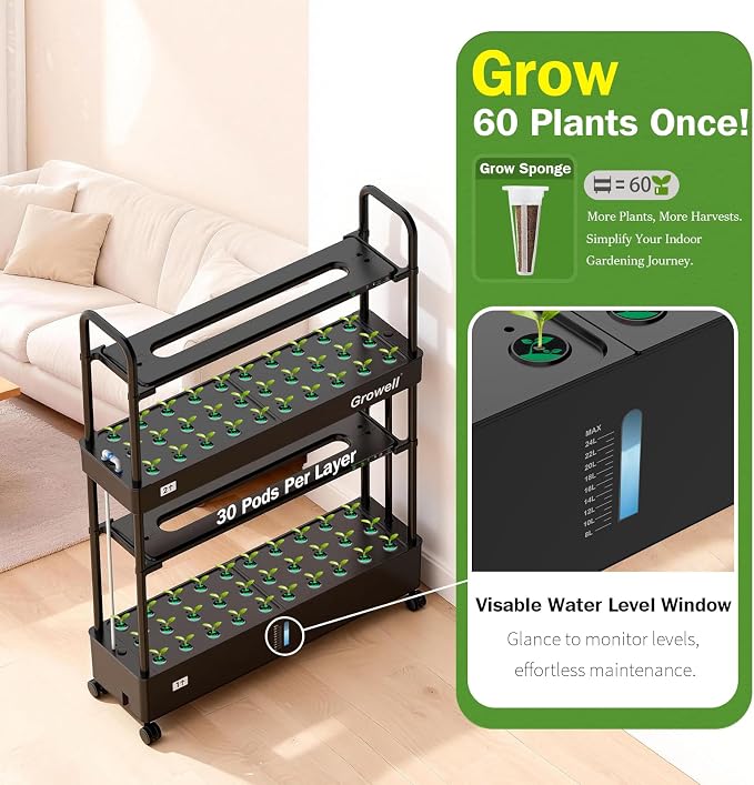 Growell 60 Pods Large Hydroponics Growing System, Vertical Indoor Garden | 2 Light Modes & 2 Timer, Smart Water Circulation, Movable with 4 Swivel Casters, 32L Large Water Tank, Space-Saving Design