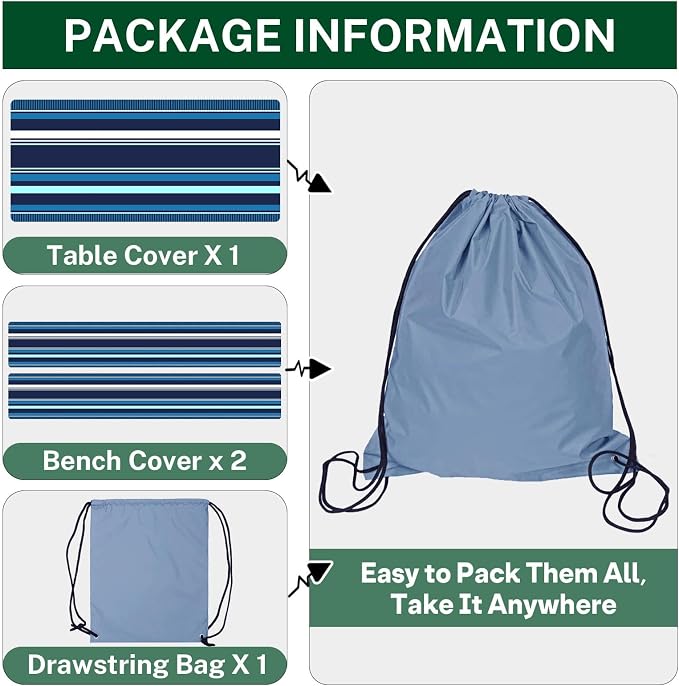 Picnic Table Cover with Bench Covers Elastic Edges, Blue Stripes Camper Fitted Table Cover, Outdoor Patio Camping Essentials 72 Inch 3PCS, Waterproof Camping Fitted Tablecloth with Drawstring Bag