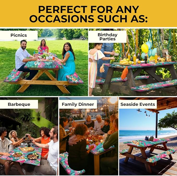 RNOONY 6ft Polyester Picnic Table Cover with Bench Covers Windproof & Waterproof Tablecloth, Perfect for Camping Gifts & RV Essentials, Cool Camping Gadgets, with Carrying Bag, 72x30 Inches, 4Pcs