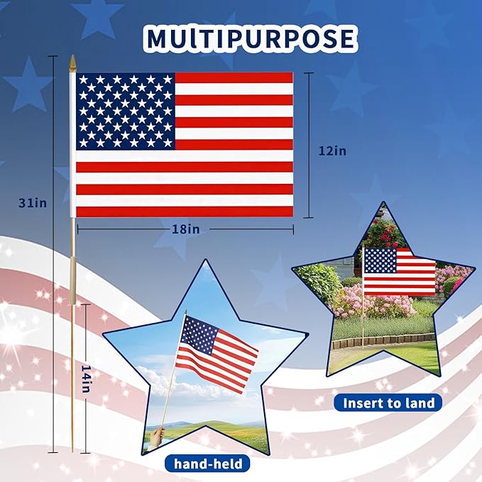 12x18 Inch American Flags on Stick - Patriotic American Flags for Outside, USA Stick Flag Perfect for Independence Day, Memorial Day, 4th of July Decorations (100)