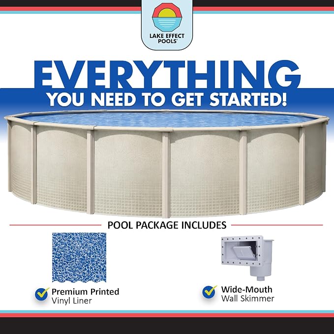 Lake Effect Pools 'Impressions' 27 ft Round Above Ground Swimming Pool | 48 Inch Resin Protected Steel Sided Walls | Bundle Includes: 25 Gauge Overlap Liner & Widemouth Skimmer