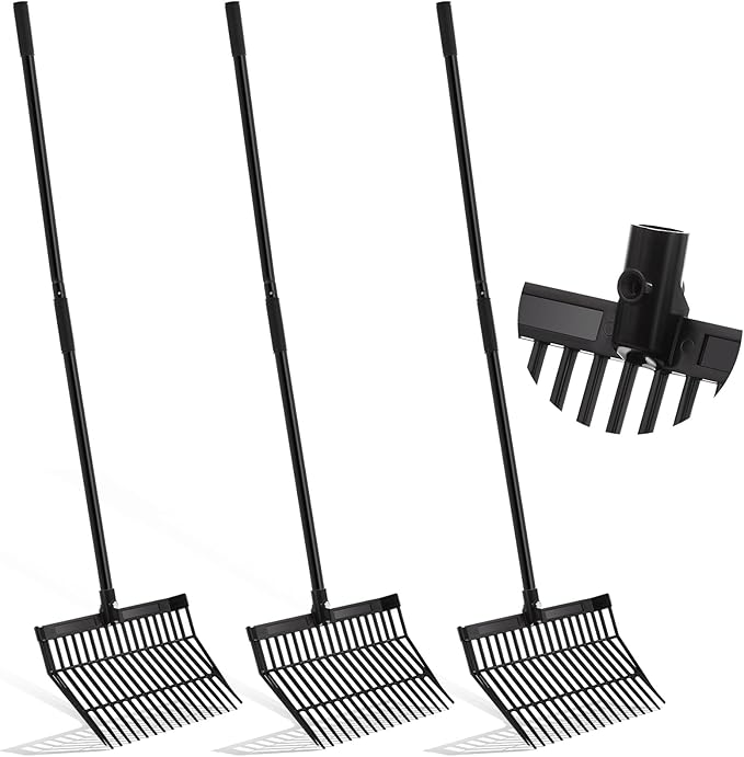 Lasnten 3 Sets Manure Fork with Long Handle, ABS Plastic Head & Metal Handle, Pitch Fork Manure Rake Heavy Duty Muck Rake for Gardening Horse Stable Grass Hay Cleaning Farm Work (Black, Normal Grip)