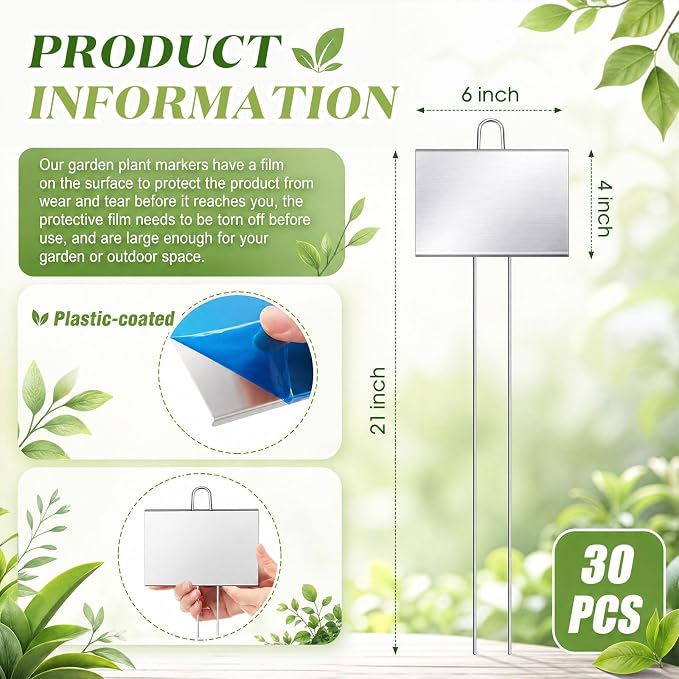 Landhoow 30 Pcs Large Garden Plant Markers Metal Plant Labels Sign 4'' x 6'' with 21'' Stake Weatherproof Waterproof Garden Sign for Outdoor Tree Seedlings Herbs Vegetable Greenhouse, Silver