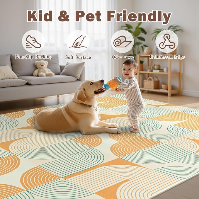 8x10 Area Rugs Washable Living Room Rug - Non-Slip Carpets Modern Rug | Neutral Soft Abstract Carpet Indoor Floor Stain Resistant Large Carpets for Bedroom Dining Room Nursery Home Office, Orange