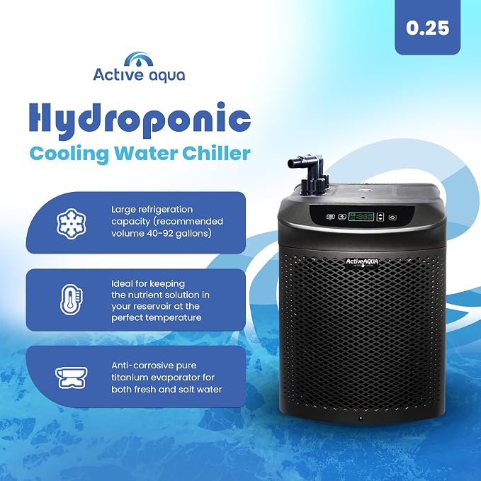 Active Aqua Hydroponic Water Chiller, 0.25 HP, Pure Titanium, 40-92 Gallon | Portable Cooling System with Boost Function for Aquaponics, Cold Plunge Baths & Aquariums, Evaporator Cooler for Reservoirs