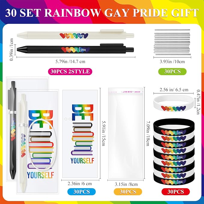 Spakon 30 Set Gay Pride Gifts Rainbow Silicone Wristband Bracelet LGBT Retractable Ballpoint Pen Black Ink Gift Cards with Twist Ties Pride Decorations for Parades Rainbow Festival Gay Pride Month