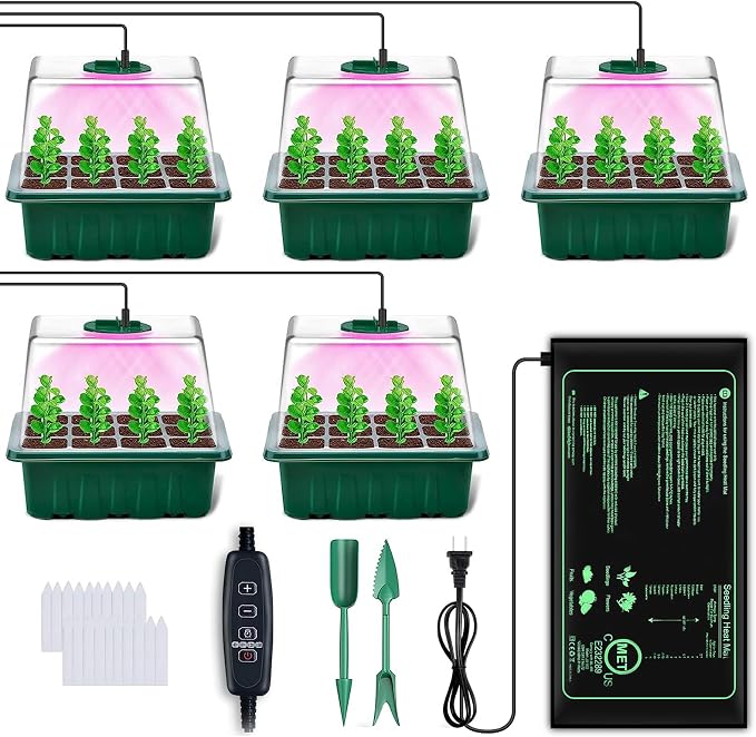 YAUNGEL Seed Starter Tray with Grow Light, 5 Pack Seed Starter Kit with Heat Mat, Seedling Starter Trays with Timing Controller Adjustable Brightness, Thicken Trays with Humidity Domes