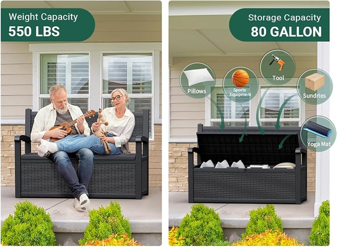 80 Gallon Outdoor Storage Bench, Resin Patio Storage Bench with Armrest, Lockable Deck Boxes Outdoor Waterproof and UV Resistant for Patio Cushions, Garden Tools and Pool Supplies, Black