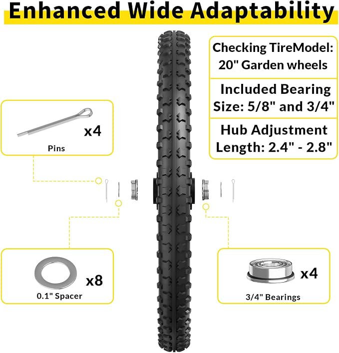 RONPOW 20 Inch Flat Free Wheelbarrow Wheels Compatible with rubbermaid Wheelbarrows Cart Tires, 5/8" Bearings and 3/4" Bearings, Replacement Wheelbarrow Wheels Garden Yard Carts, 400Lbs, 2Pack Black