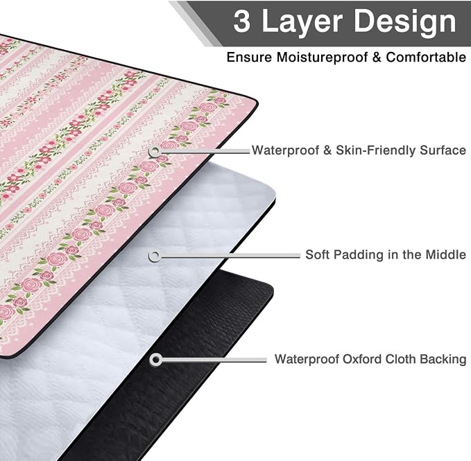 Pink Flower Picnic Blankets Waterproof Foldable, 60’‘x80'' Portable Outdoor Picnic Mat Water Resistant for Grass, Padded Lawn & Park Blanket for Camping, Hiking