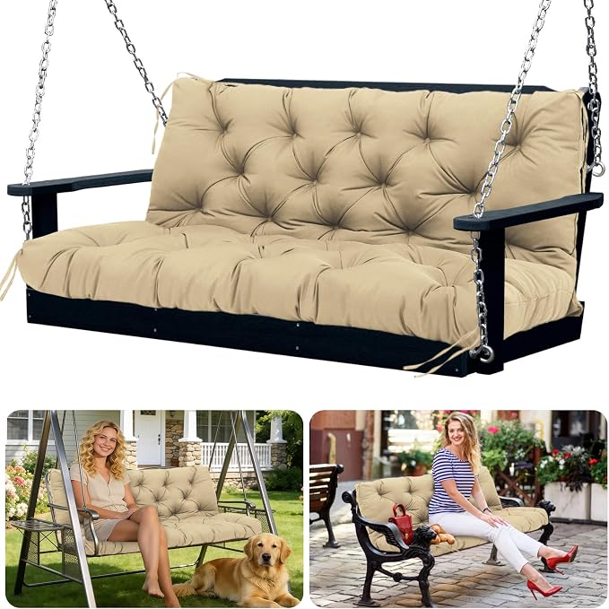 Porch Swing Cushions 3 Seater Replacement Thicken 5" Waterproof & Fade Resistant Swing Cushions for Outdoor Furniture Bench Patio Swing Cushion with Backrest & Ties(Khaki 70x40x5inch)