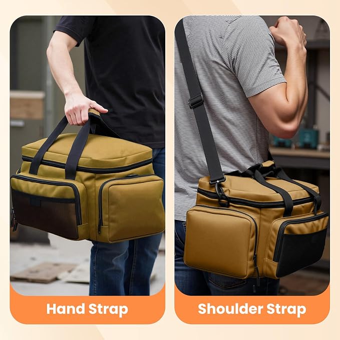 VJI Heavy Duty Tool Bag with Multi-Pockets, Portable Storage Bag with Large Zipper, Carrying Toolbag with Adjustable Shoulder Strap and Ergonomic Handle, Repairman, Carpenters, Handyman, Khaki