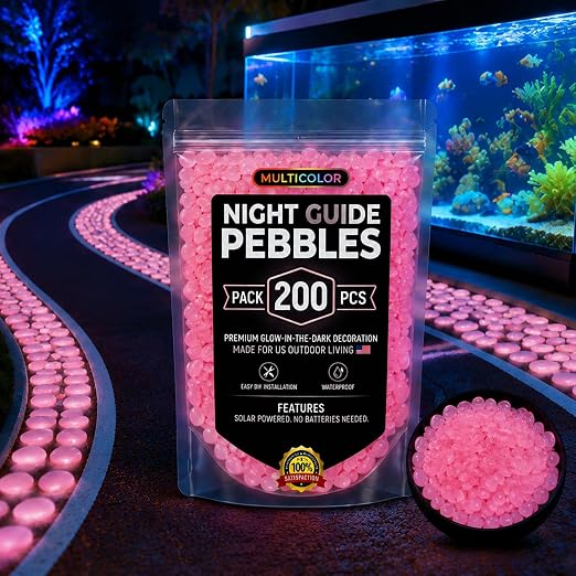 Glow in the Dark Rocks Outdoors, Decorative Night Guide Pebbles for Landscaping & Garden Pathway, Colored Glow Stonesfor Fish Tank, Aquarium Decor & Planters, Luminous Stones for Vases (200, Pink)