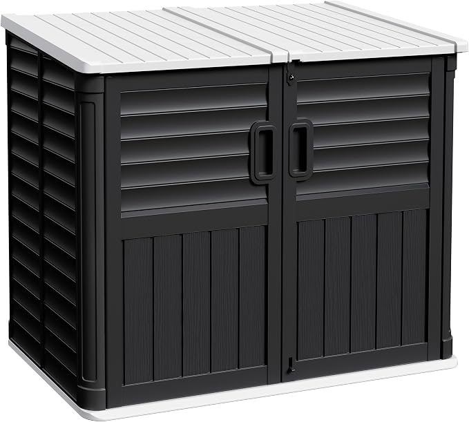 Devoko Resin Outdoor Storage Shed, 34 Cu Ft Outdoor Storage Cabinet with Shelf, Waterproof, Double Locks, Resin Storage for Trash Can, Garden Tools, Pool Supplies (Black)