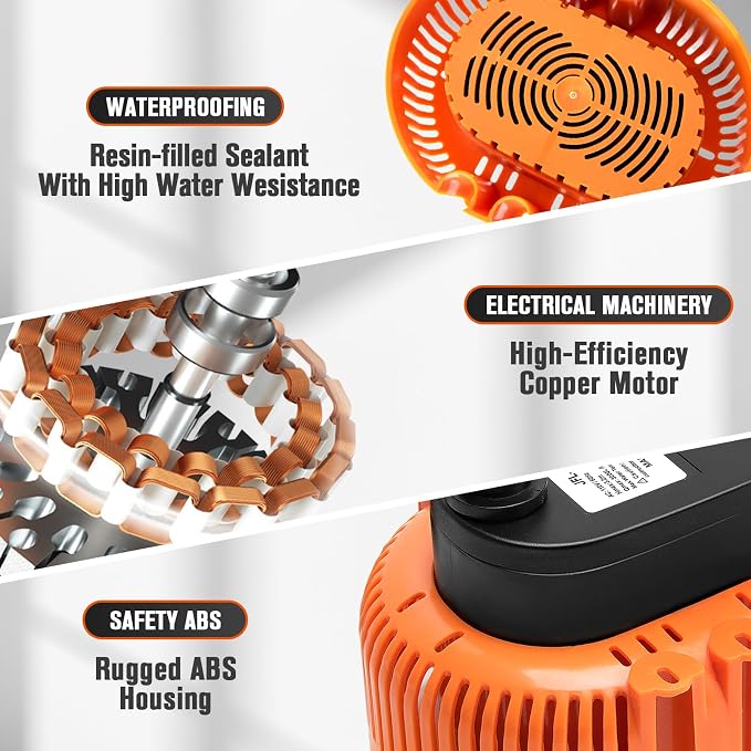 Sump Pump,Pool Cover Pump above Ground | For Swimming Pool Basement Garden Pond Tubs Draining,75W,Max Flow:850GPH,3 Adapters,25 Ft Power Cord (Orange)