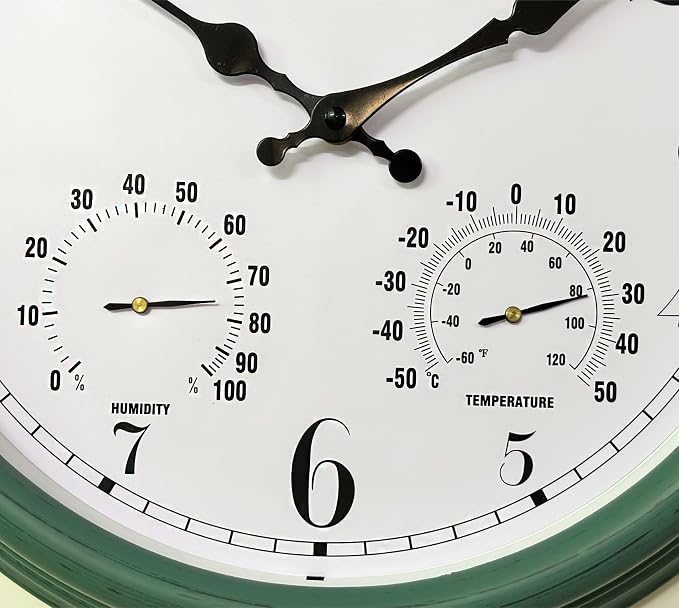 Outdoor Waterproof Wall Clock with Thermometer and Hygrometer Combo, 15 in Retro Battery Operated Garden Clocks for Indoor and Outside Patio Deck Pool -Not Silent (Turquoise)