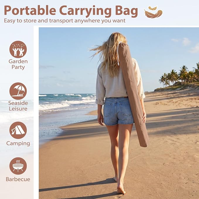 Tangkula 7FT Beach Umbrella with Fringe, Outdoor Boho Umbrella with Tassels, Push Button Tilt, Sand Anchor, 16 Ribs, Vintage Patio Umbrella with Carry Bag for Sand Deck Pool Garden Backyard (Tan)