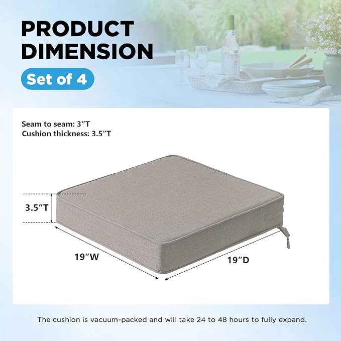 19 x 19 Inch Sunbrella Outdoor Chair Cushions with Tie Straps, Set of 4 Thick Water Repellent Square Patio Chair Pads for Garden Lawn Patio Furniture, Specrtum Pebble