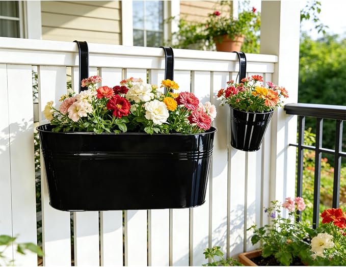 Set of 8 Outdoor Metal Railing Planters Box - 4 Pcs 5.12" Round Balcony Hanging Planter & 4 Pcs 17" Oval Fence Pot with Detachable Hooks Drainage, Black