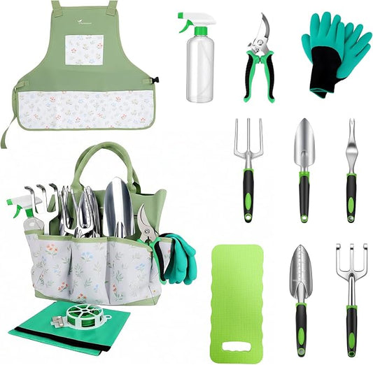 13-Piece Gardening Tool Set with Stylish Portable Storage Bag and Apron, Heavy-Duty Tools for Women's Everyday Gardening Use, Green
