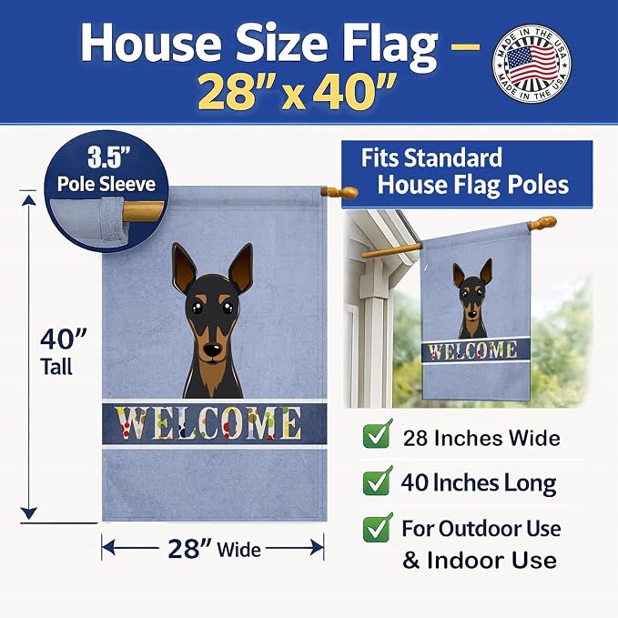 Caroline's Treasures BB1426CHF Min Pin Welcome House Flag, Blue Large Porch Sleeve Pole Decorative Outside Yard Banner Artwork Wall Hanging, Polyester, House Size, Multicolor