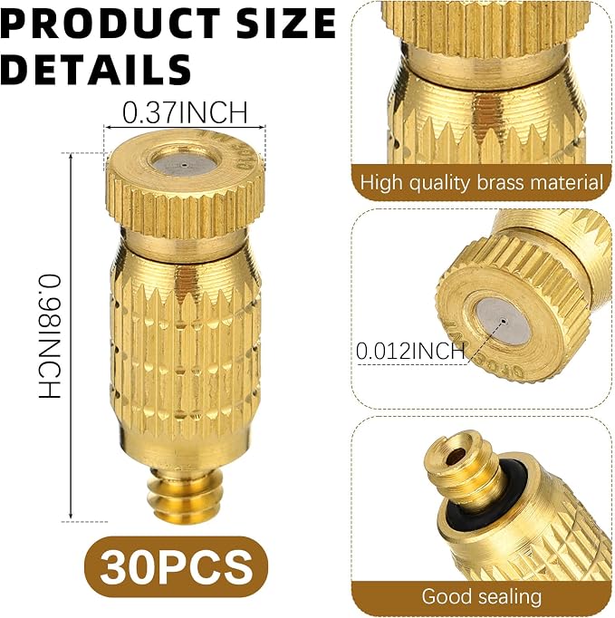 30 Pack 0.020" (0.5 mm) 10-24 UNC Brass Misting Nozzles High Pressure Misting System Heads Sprayer for Outdoor Cooling System Anti-drip Fogging Spray Heads for Gardening Landscaping Cooling