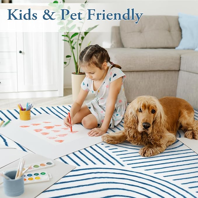 Lahome Abstract Washable Rugs, 4x6 Blue Rug for Bedroom Nursery Living Room | Soft Non Slip Modern Rug Ultra-Thin Non-Shedding Carpet for Entryway Kitchen Office Darrell(4'x6', Blue/White)